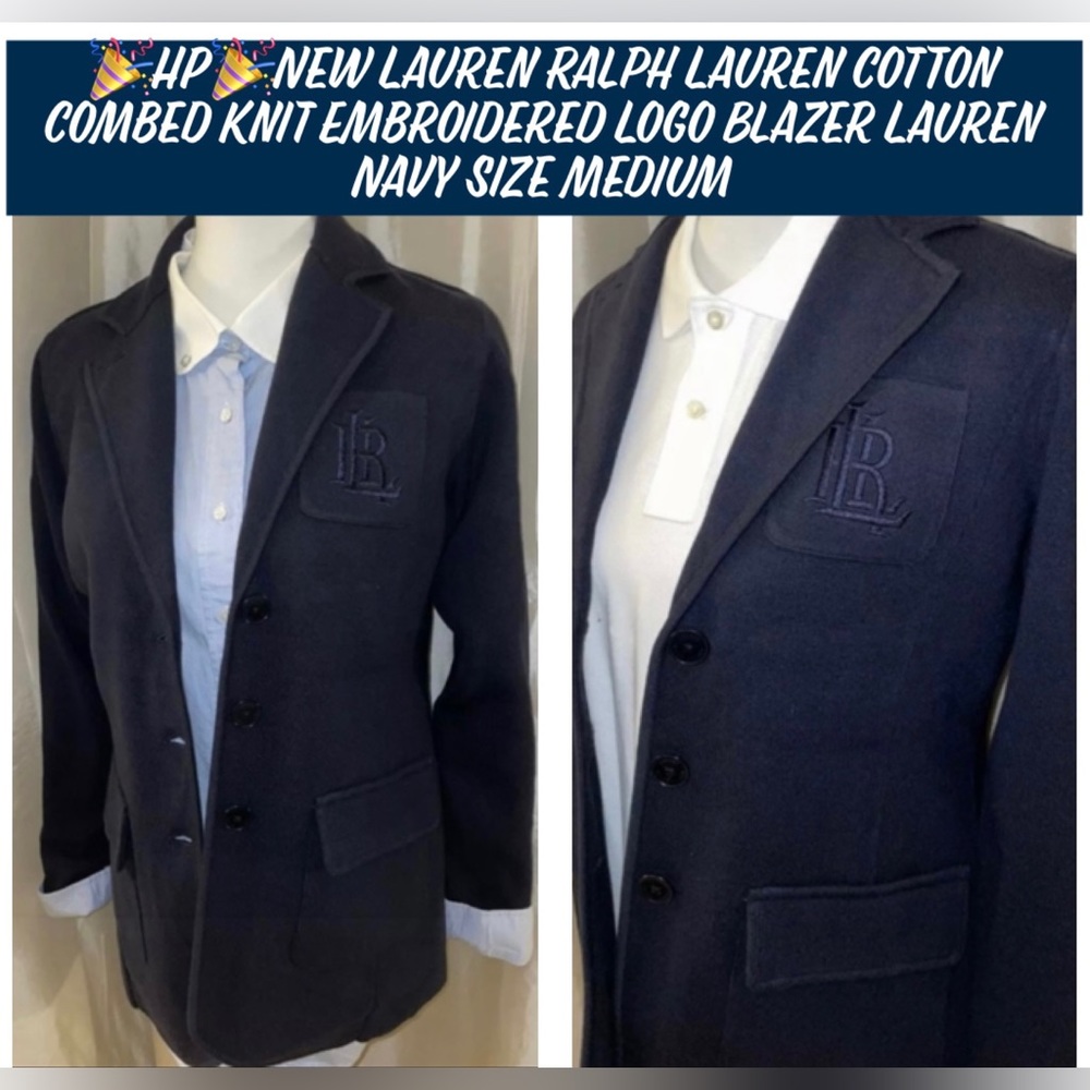 ⭐️Sold⭐️New LaurenRalphLauren Cotton Combed Knit Embroidered Logo Blazer Navy M - Picture 1 of 12